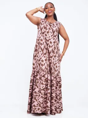 Safari Ayana Sleeveless Maxi Dress - Pink / Brown Animal Print