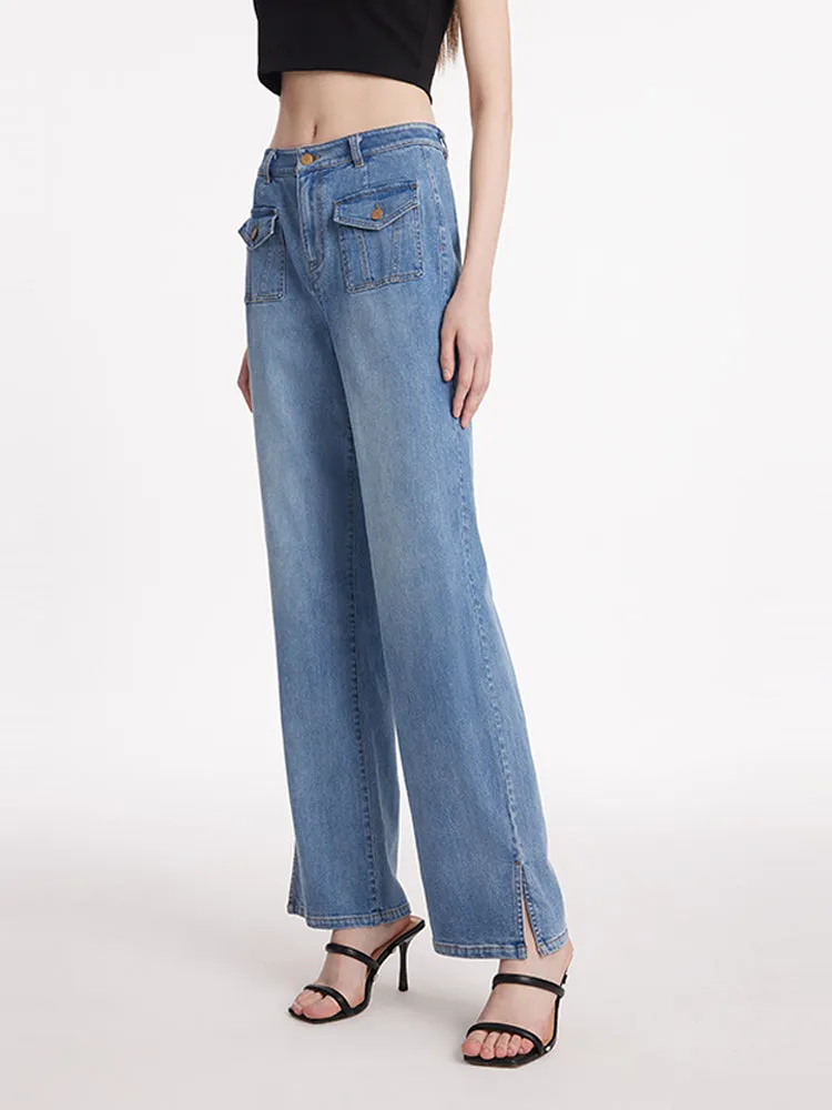 Straight Slit Women Jeans With Patch Pockets