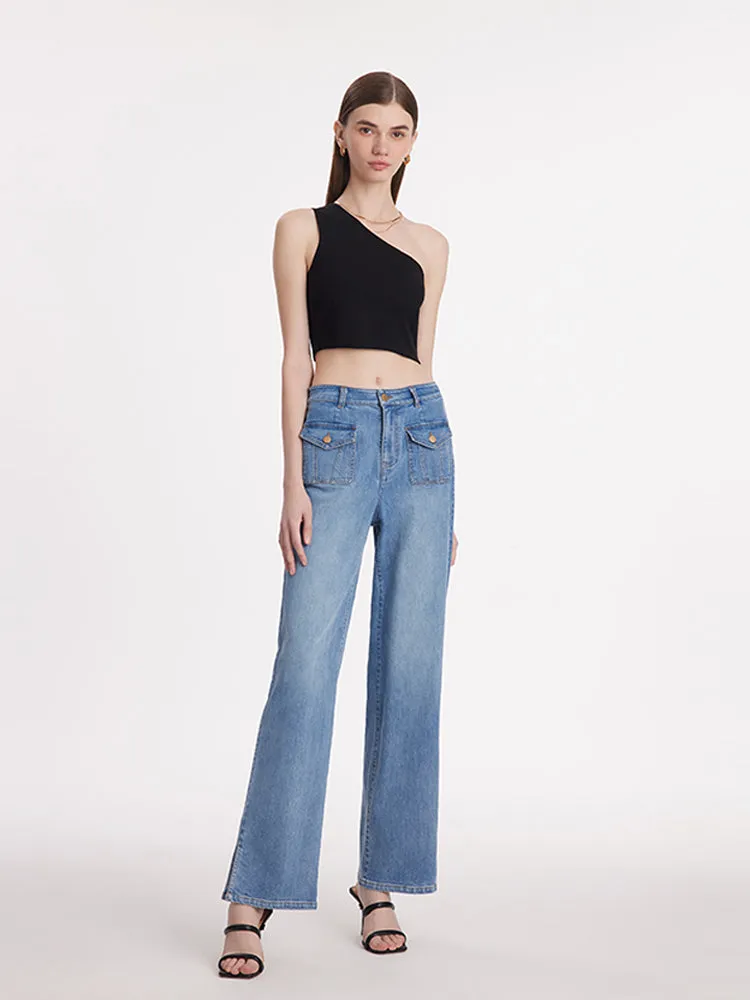 Straight Slit Women Jeans With Patch Pockets