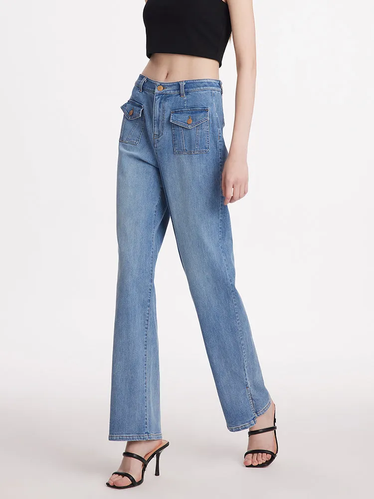 Straight Slit Women Jeans With Patch Pockets