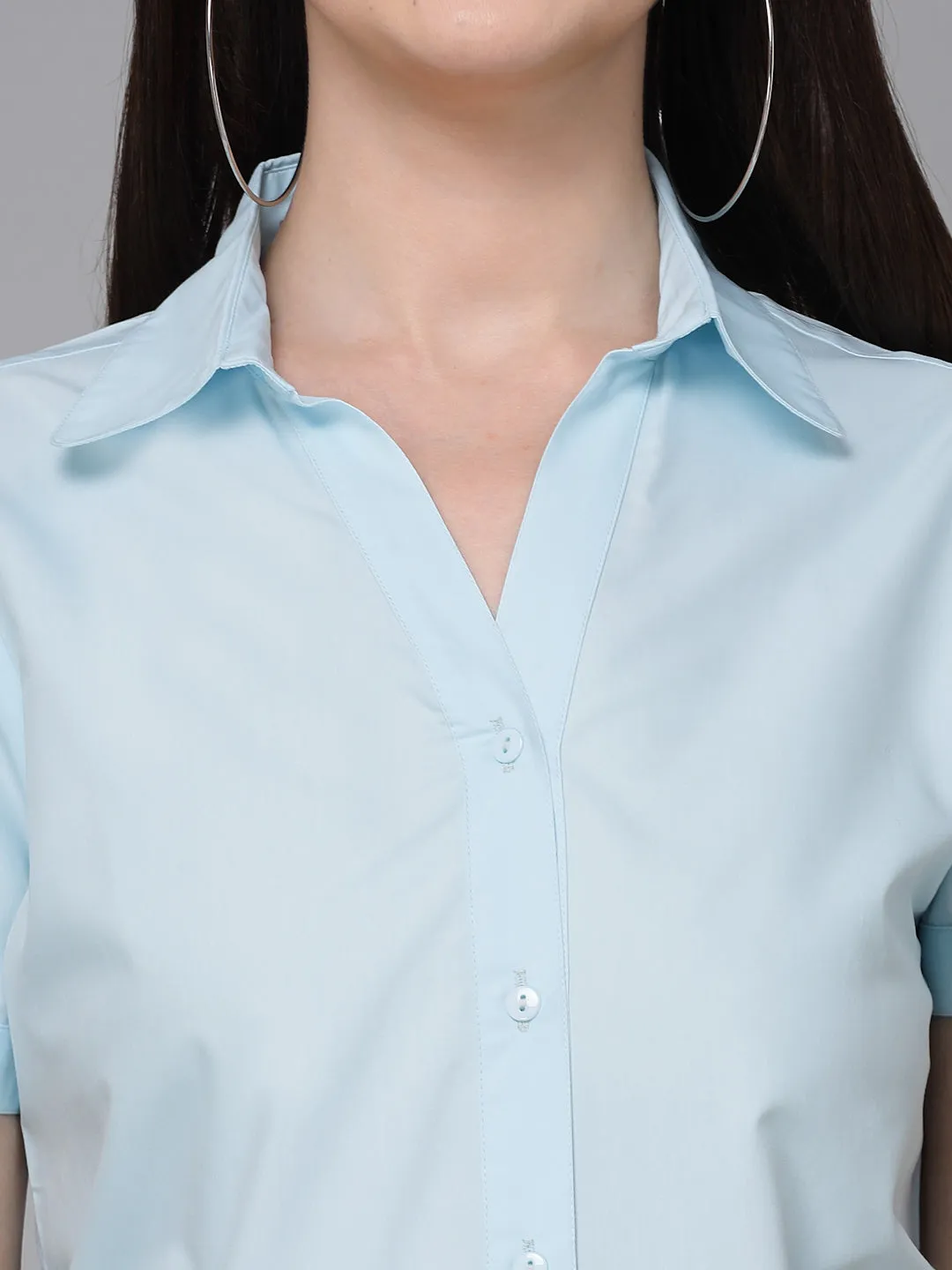 Style Quotient Women Light Blue Cotton Blend Formal Short Sleeve Shirt