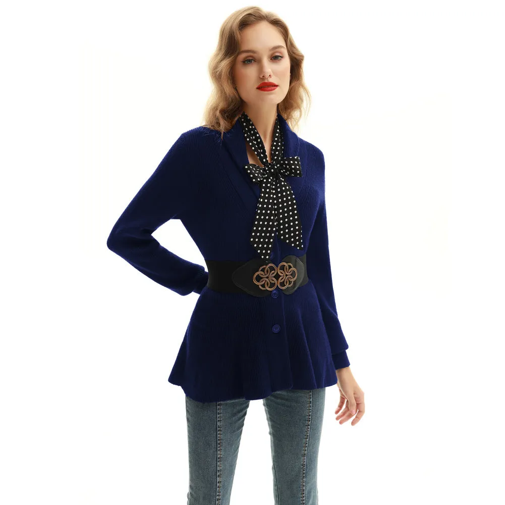 Vintage Peplum Hem Cardigan Sweater Long Sleeve Shawl Lapel Button-up Knitwear