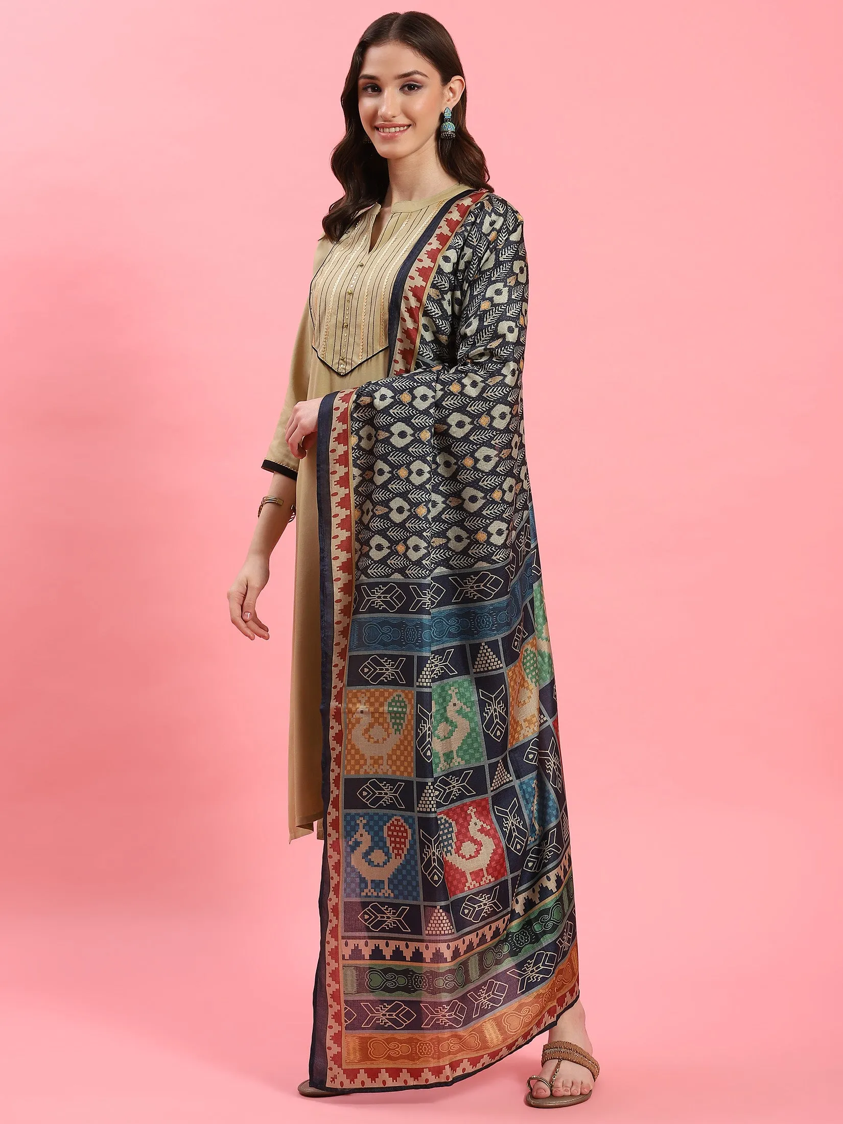 Women Beige Solid Kurta Trouser Dupatta