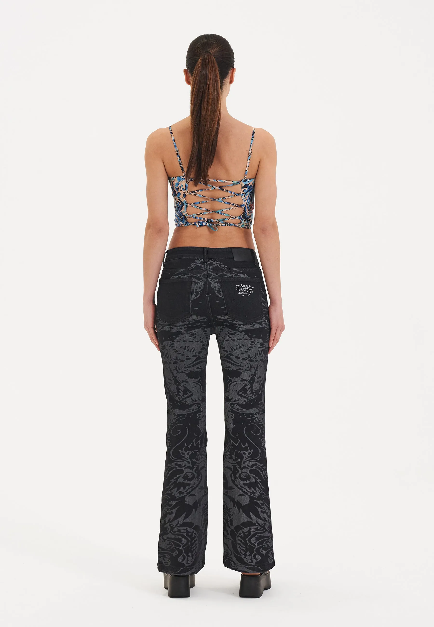 Womens Flash Sheet Flared Denim Trousers Jeans - Black