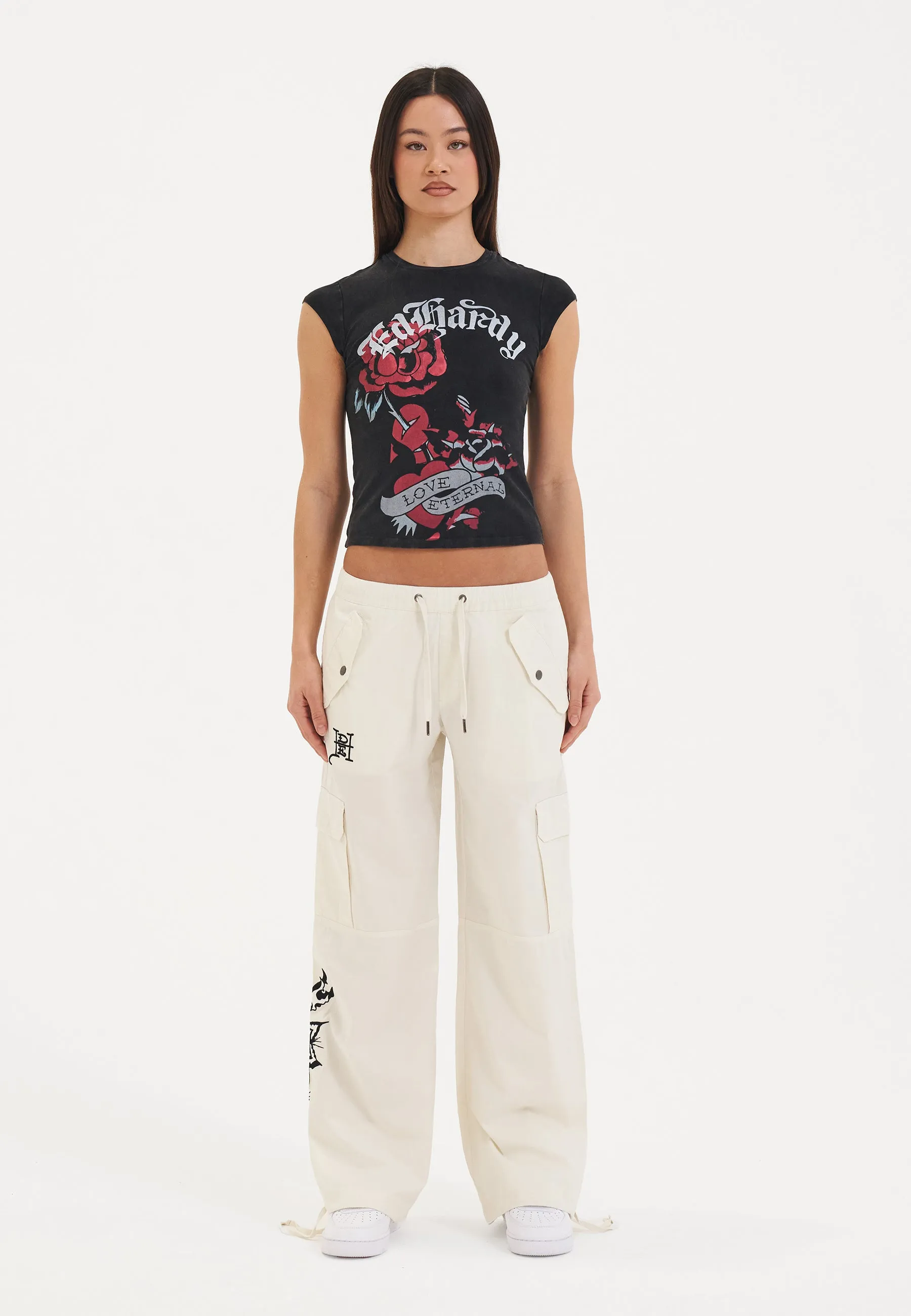 Womens Hollywood Swallow Cargo Pants Trousers - White