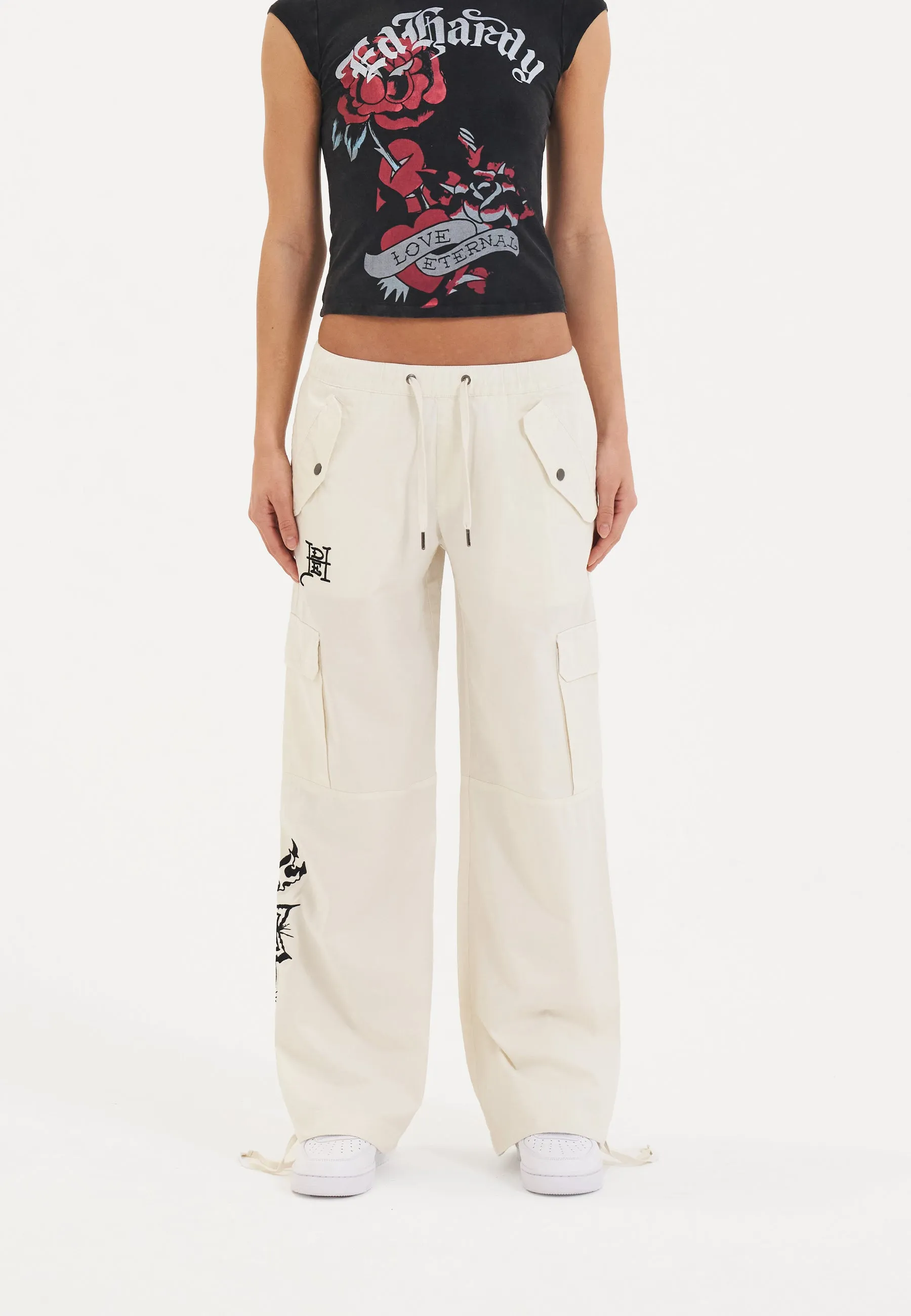 Womens Hollywood Swallow Cargo Pants Trousers - White