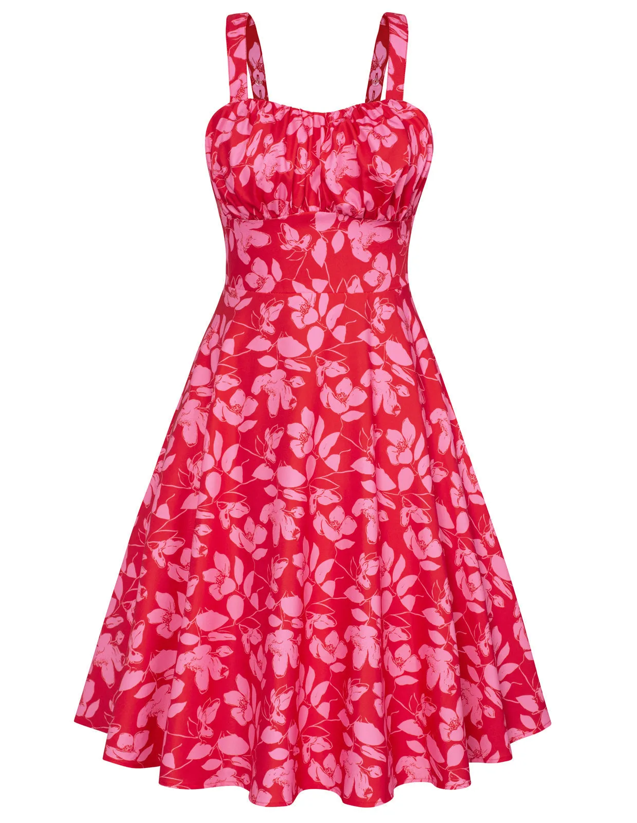 Women's Vintage Sleeveless Floral Ruched Summer Cute A-Line Flowy Swing Midi Dress