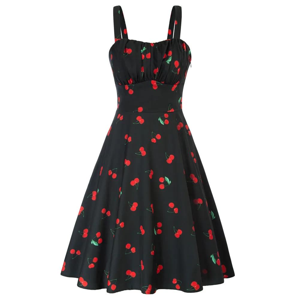 Women's Vintage Sleeveless Floral Ruched Summer Cute A-Line Flowy Swing Midi Dress