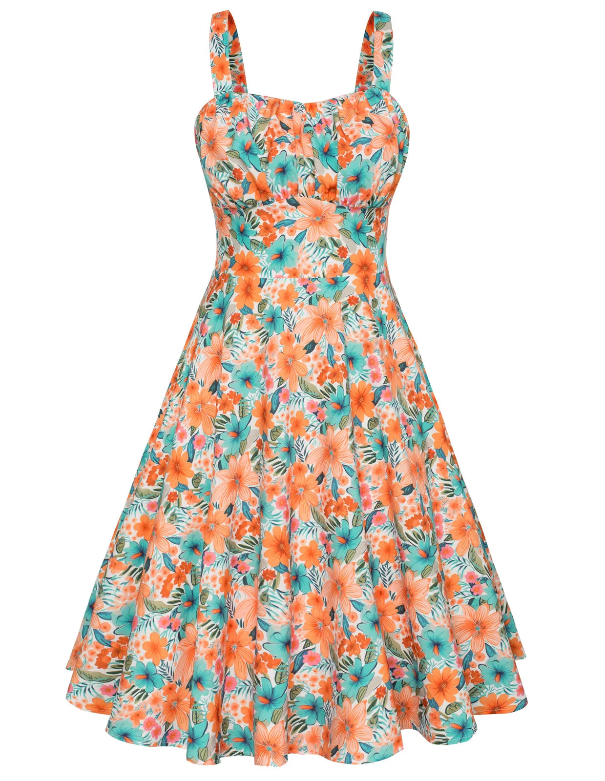 Women's Vintage Sleeveless Floral Ruched Summer Cute A-Line Flowy Swing Midi Dress