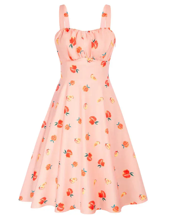 Women's Vintage Sleeveless Floral Ruched Summer Cute A-Line Flowy Swing Midi Dress