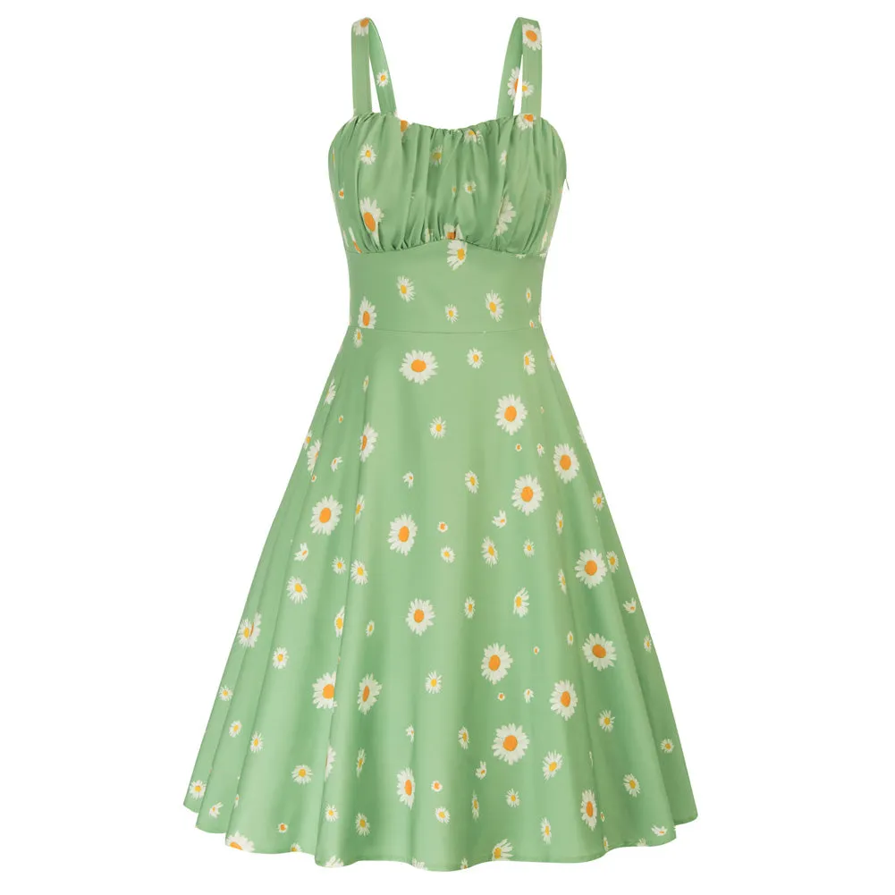 Women's Vintage Sleeveless Floral Ruched Summer Cute A-Line Flowy Swing Midi Dress