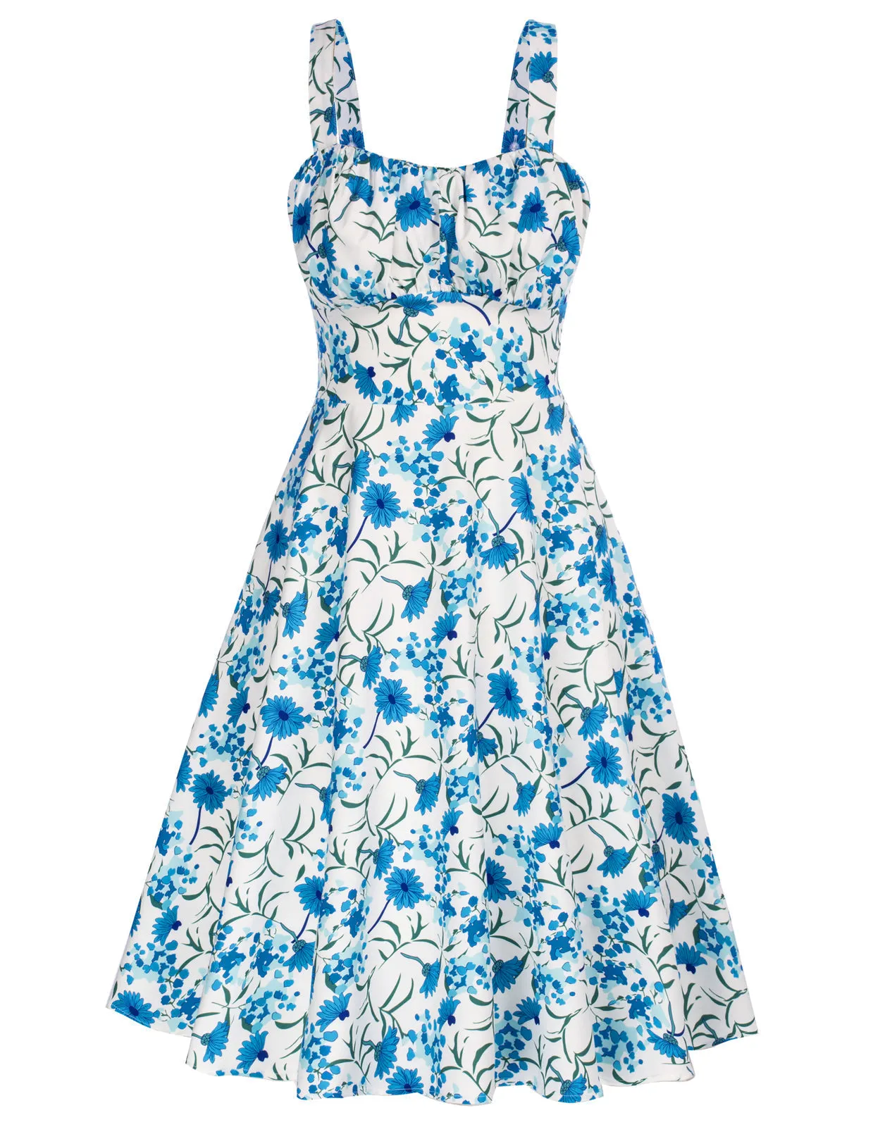 Women's Vintage Sleeveless Floral Ruched Summer Cute A-Line Flowy Swing Midi Dress