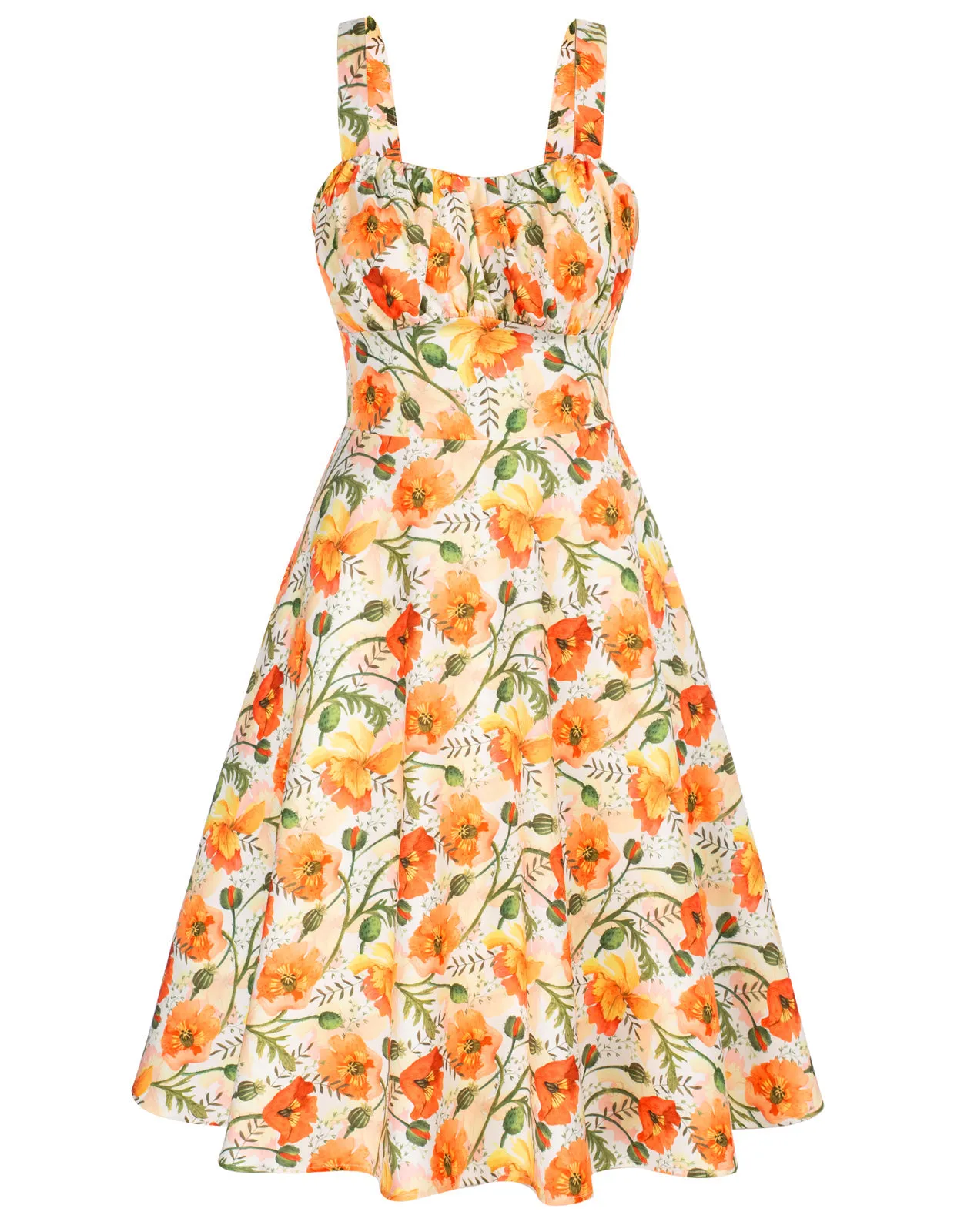 Women's Vintage Sleeveless Floral Ruched Summer Cute A-Line Flowy Swing Midi Dress