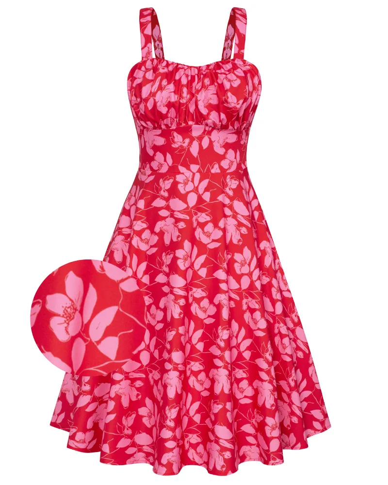 Women's Vintage Sleeveless Floral Ruched Summer Cute A-Line Flowy Swing Midi Dress