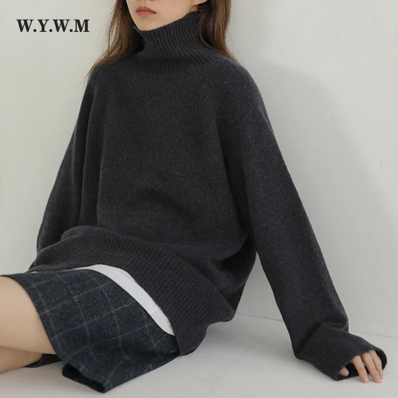 WYWM Turtle Neck Cashmere Sweater Women Korean Style Loose Warm Knitted Pullover 2021 Winter Outwear Lazy Oaf Female Jumpers