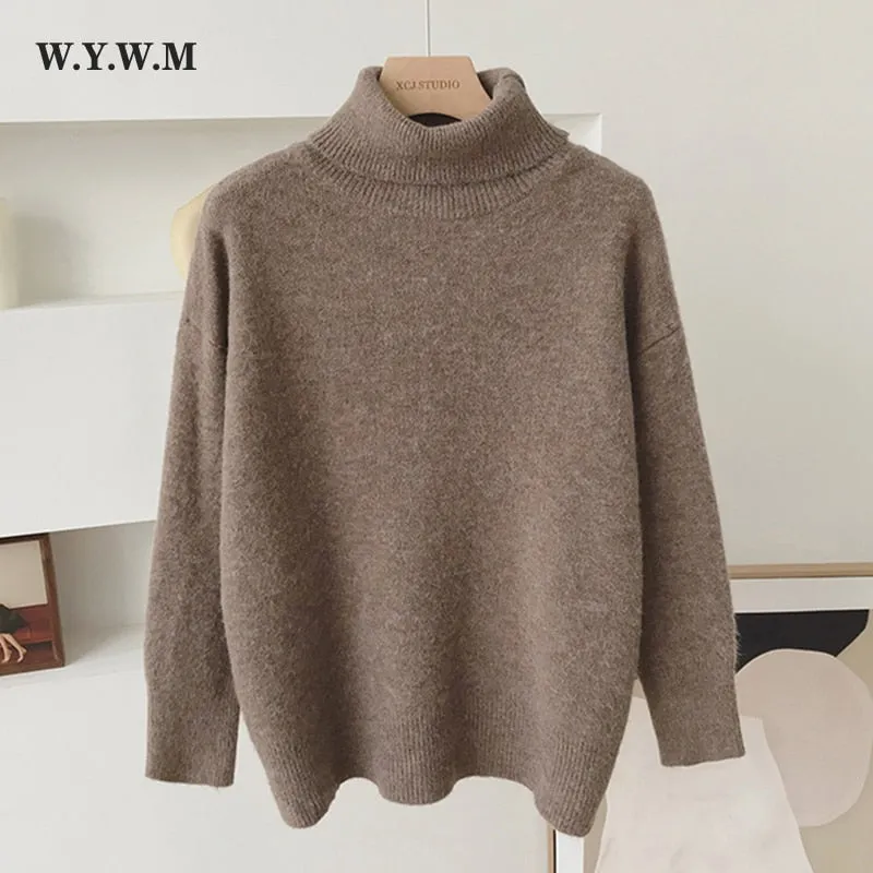 WYWM Turtle Neck Cashmere Sweater Women Korean Style Loose Warm Knitted Pullover 2021 Winter Outwear Lazy Oaf Female Jumpers